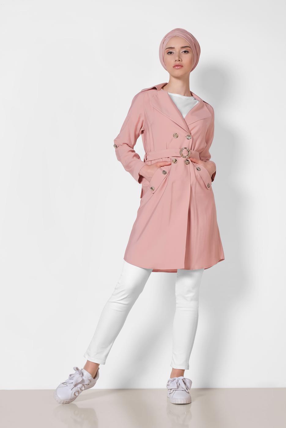 Tesettür giyim PUDRA DÜĞMELİ KEMERLİ GİY ÇIK 4057 
