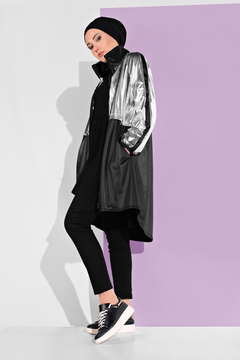 Tesettür giyim SİYAH HOLOGRAM DETAYLI FERMUARLI CEKET 0352