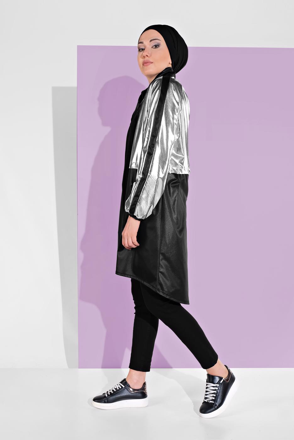 Tesettür giyim SİYAH HOLOGRAM DETAYLI FERMUARLI CEKET 0352