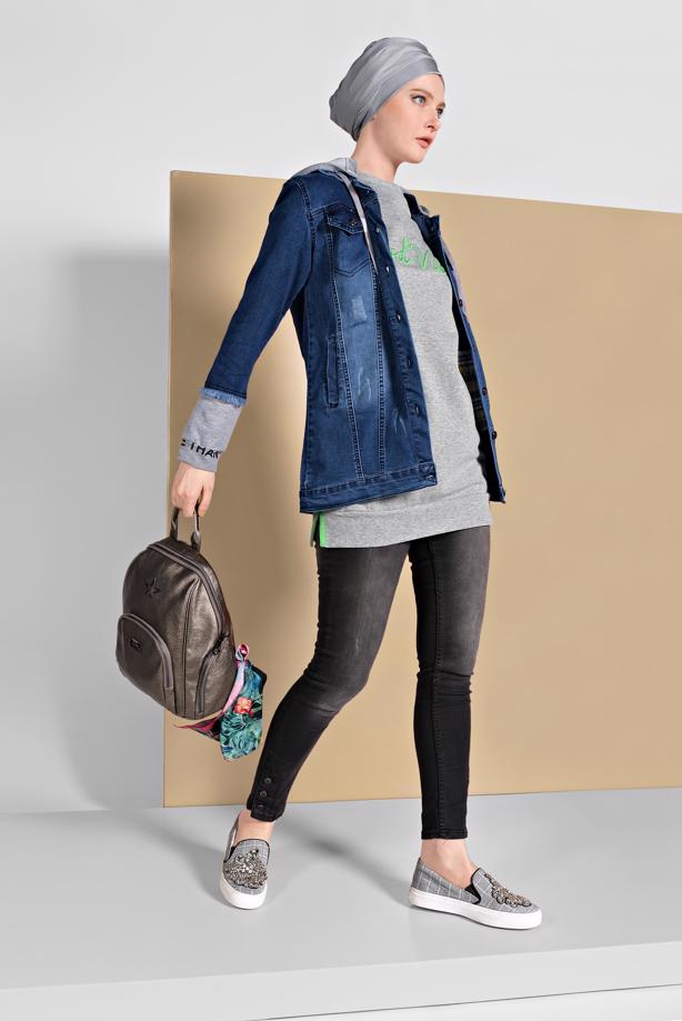 Hijab-Kleidung  PARÇA DETAYLI KAPÜŞONLU DENİM CEKET 1007 - TRENDTESETTÜR