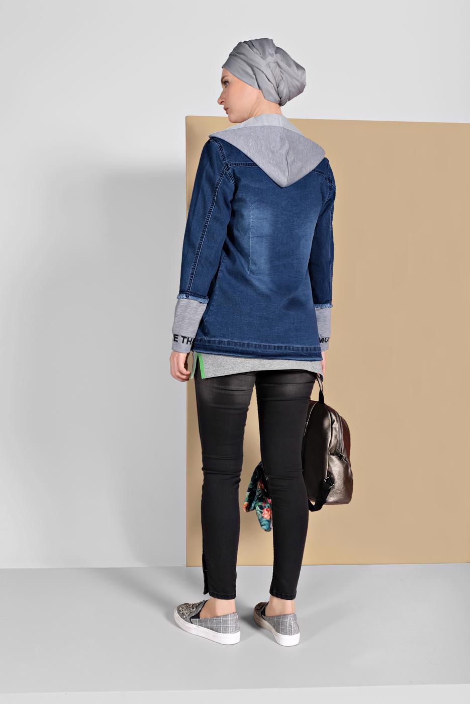 Tesettür giyim LACİVERT PARÇA DETAYLI KAPÜŞONLU DENİM CEKET 1007