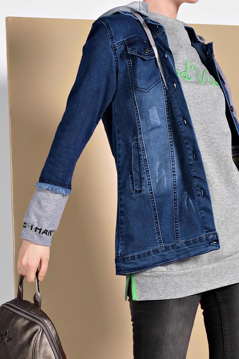 Tesettür giyim LACİVERT PARÇA DETAYLI KAPÜŞONLU DENİM CEKET 1007