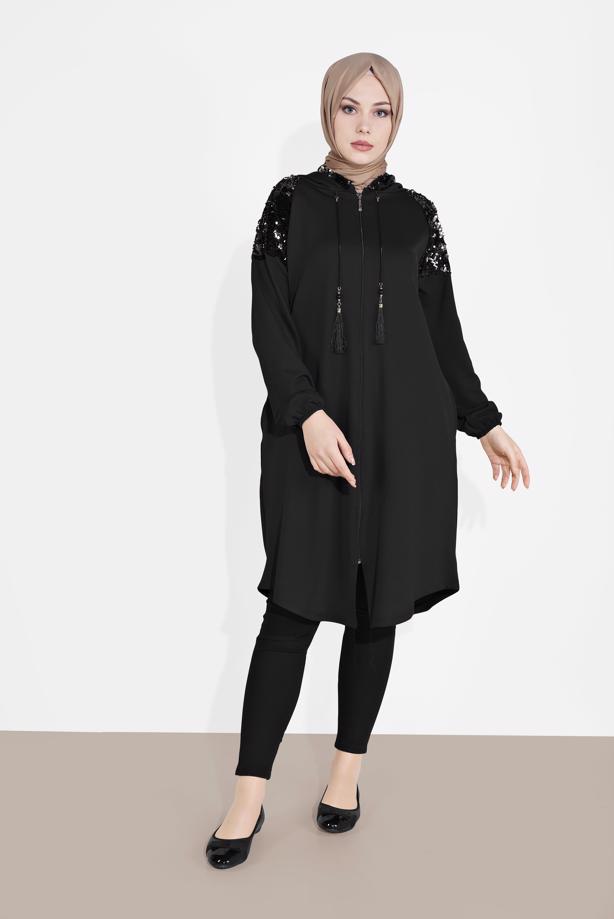 Tesettür giyim SİYAH PUL PAYETLİ EŞOFMAN CEKET 1506  - TRENDTESETTÜR