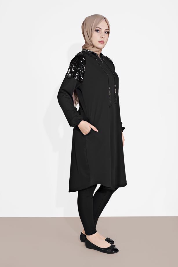 Tesettür giyim SİYAH PUL PAYETLİ EŞOFMAN CEKET 1506  - TRENDTESETTÜR