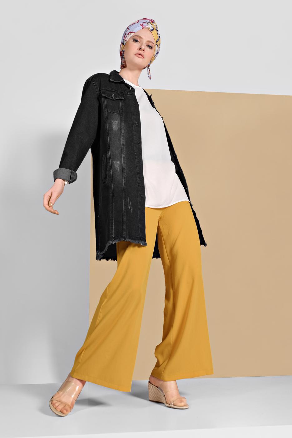 Tesettür giyim SİYAH ESKİTME DETAYLI DENİM CEKET 3302