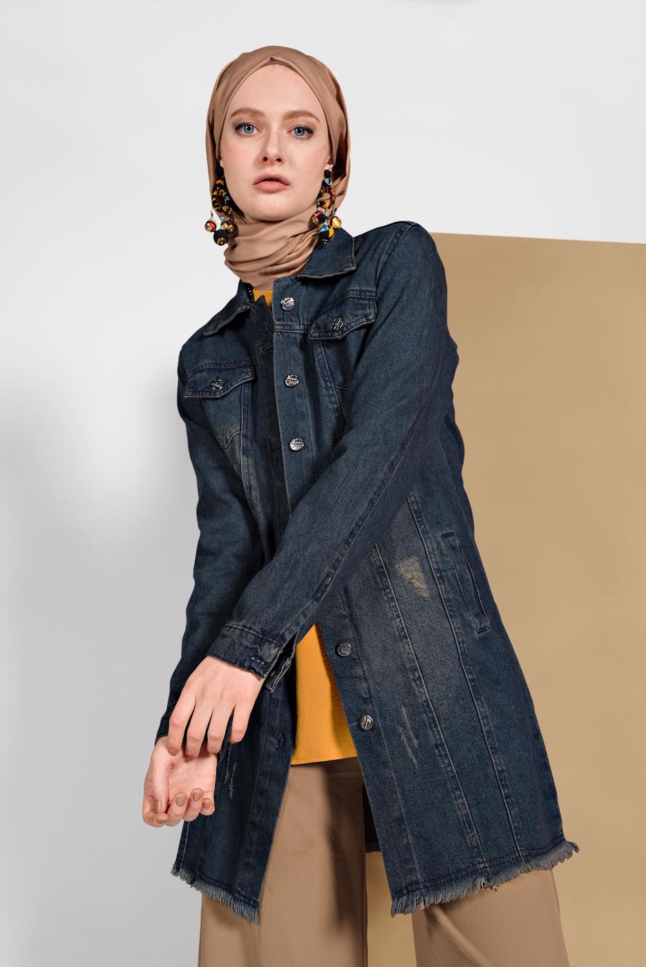 Tesettür giyim LACİVERT ESKİTME DETAYLI DENİM CEKET 3302