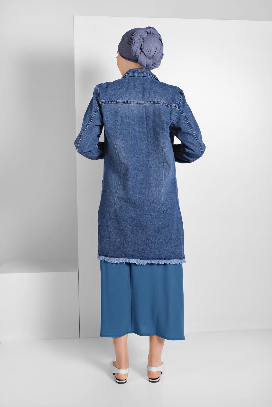 Tesettür giyim LACİVERT ESKİTME DETAYLI DENİM CEKET 3302