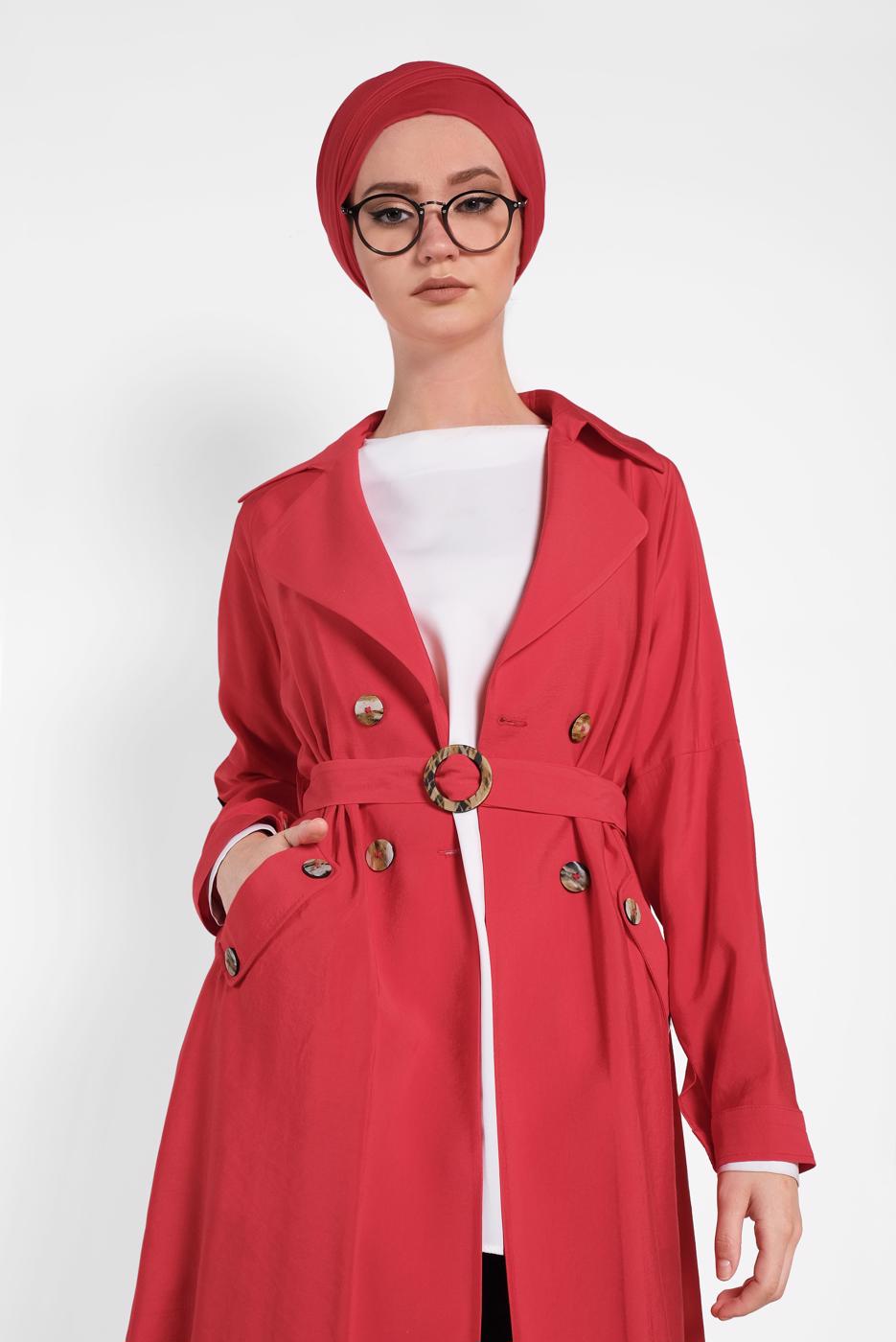 Tesettür giyim KIRMIZI ALVİNA DÜĞMELİ CEPLİ TRENÇKOT 4057