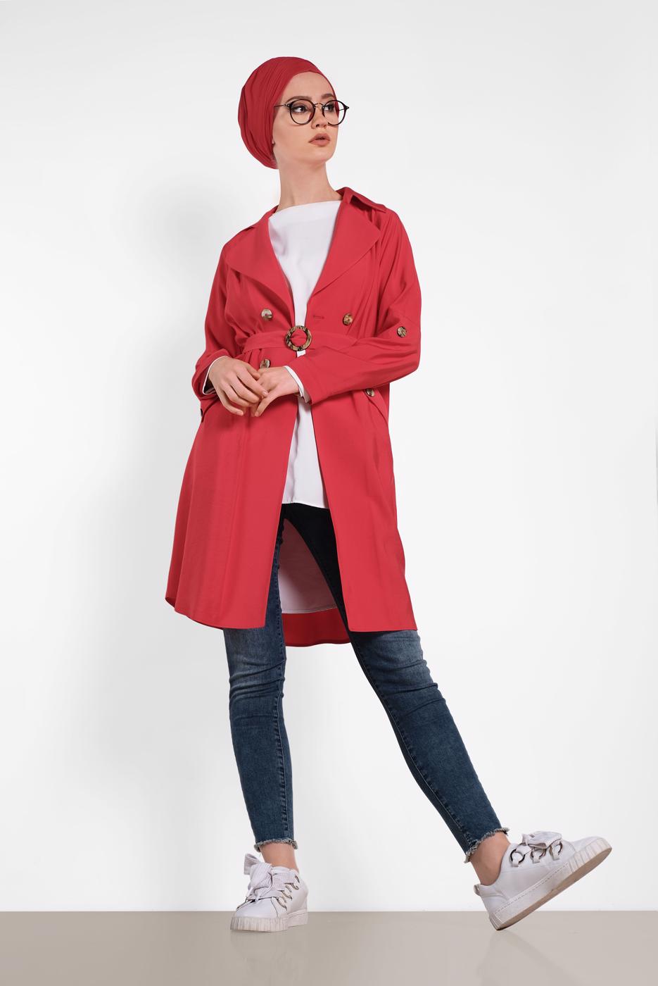Tesettür giyim KIRMIZI ALVİNA DÜĞMELİ CEPLİ TRENÇKOT 4057