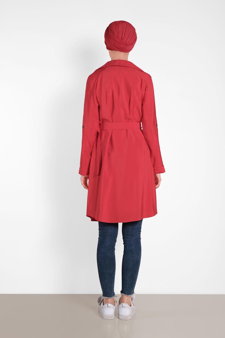 Tesettür giyim KIRMIZI ALVİNA DÜĞMELİ CEPLİ TRENÇKOT 4057
