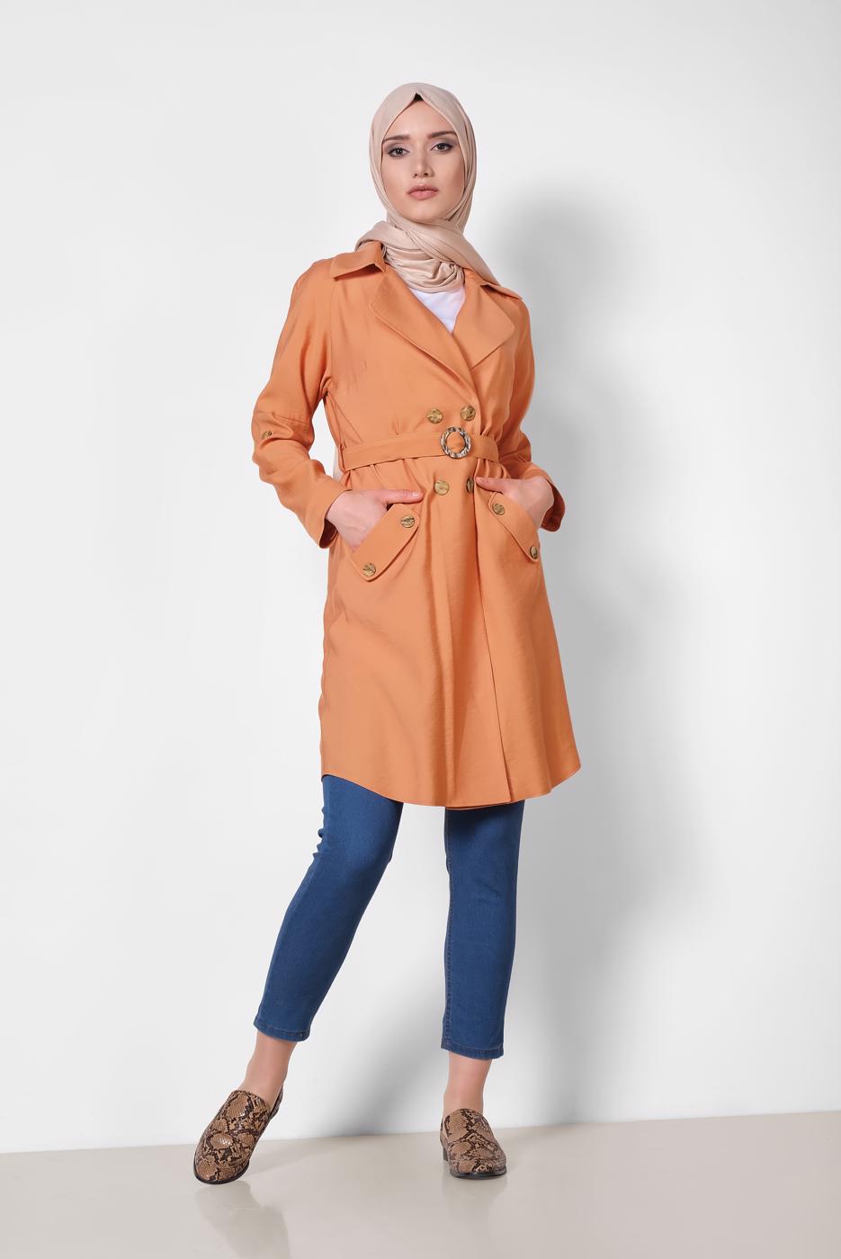 Tesettür giyim TURUNCU ALVİNA DÜĞMELİ CEPLİ TRENÇKOT 4057