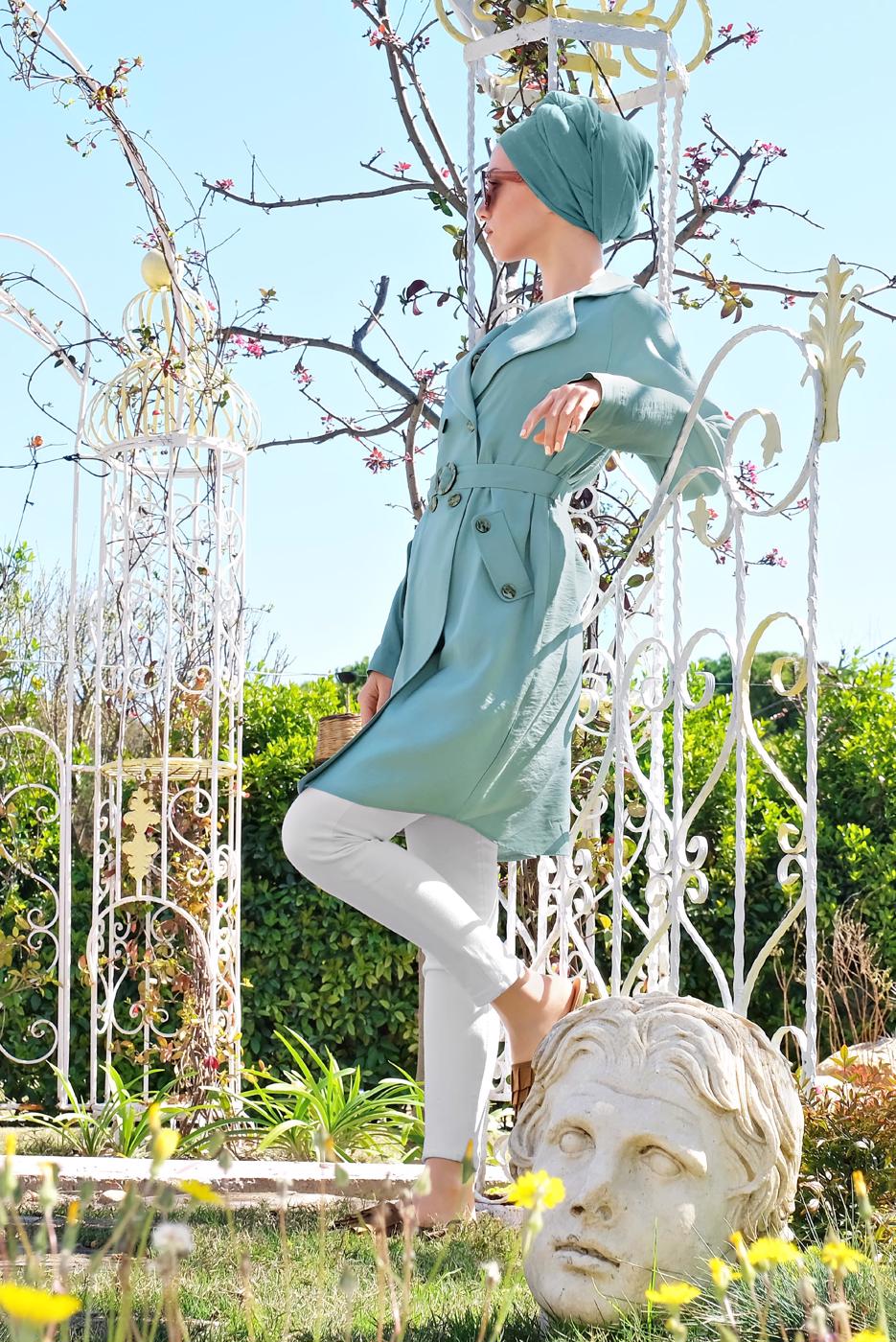 Tesettür giyim MAVİ ALVİNA DÜĞMELİ CEPLİ TRENÇKOT 4057