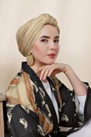 Tesettür giyim BEJ ALVİNA DESENLİ KUŞAKLI KİMONO 4089