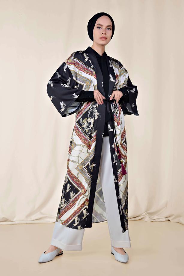 Vêtements hijab GRIS ALVINA KIMONO AVEC CEINTURE 4089  - TRENDTESETTÜR