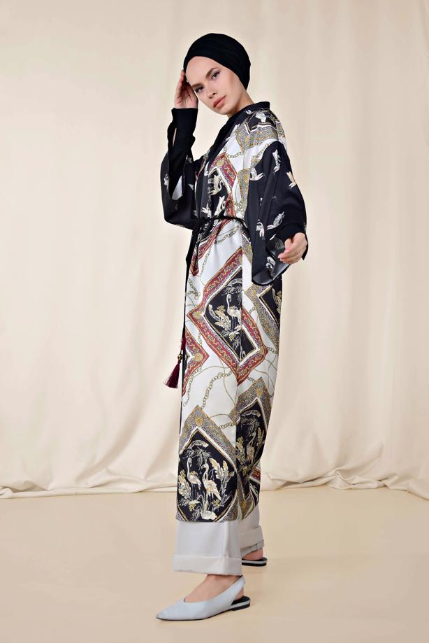 Vêtements hijab GRIS ALVINA KIMONO AVEC CEINTURE 4089  - TRENDTESETTÜR