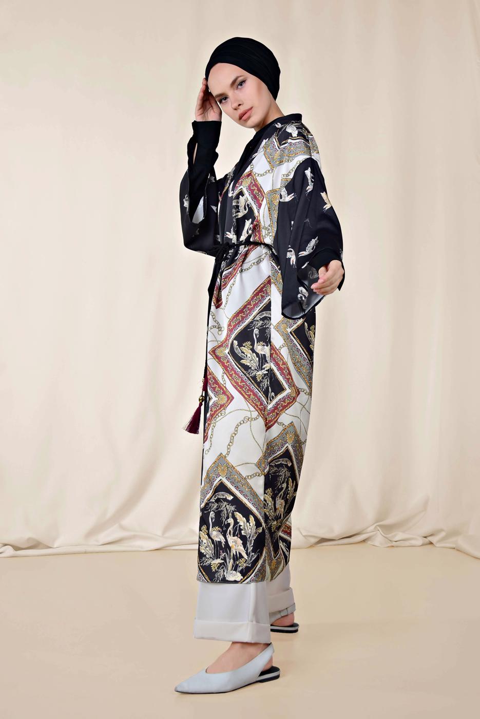 Tesettür giyim GRİ ALVİNA DESENLİ KUŞAKLI KİMONO 4089