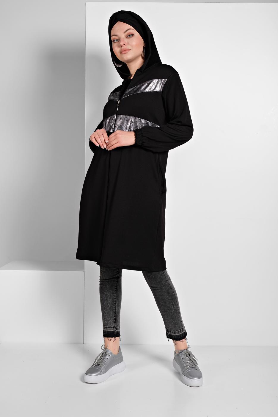 Tesettür giyim SİYAH  GÜMÜŞ DETAYLI EŞOFMAN CEKET 4206