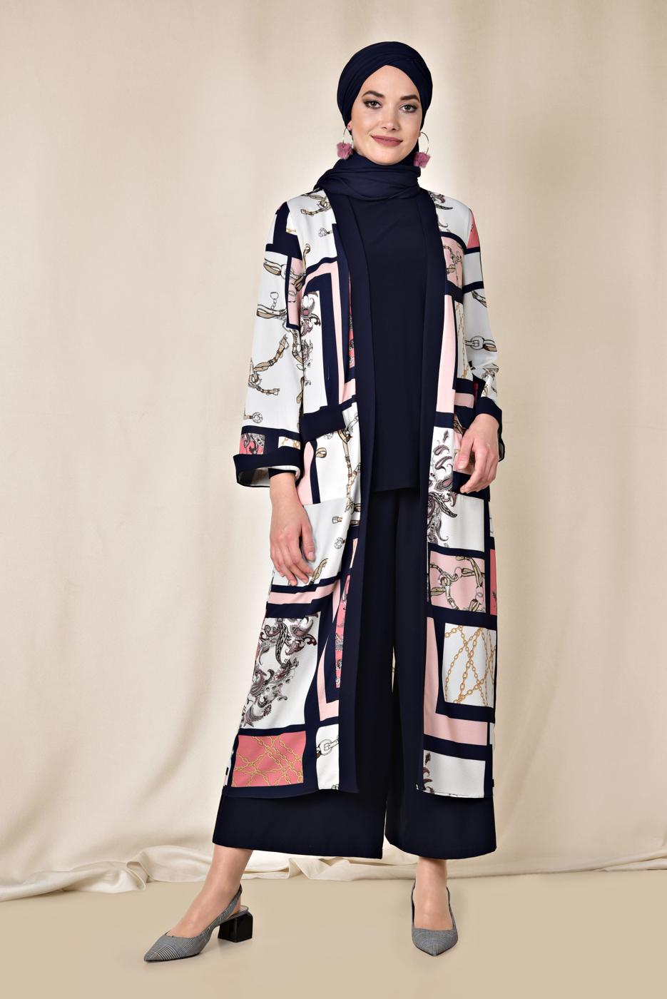 Tesettür giyim PUDRA DESENLİ CEPLİ KİMONO 4921