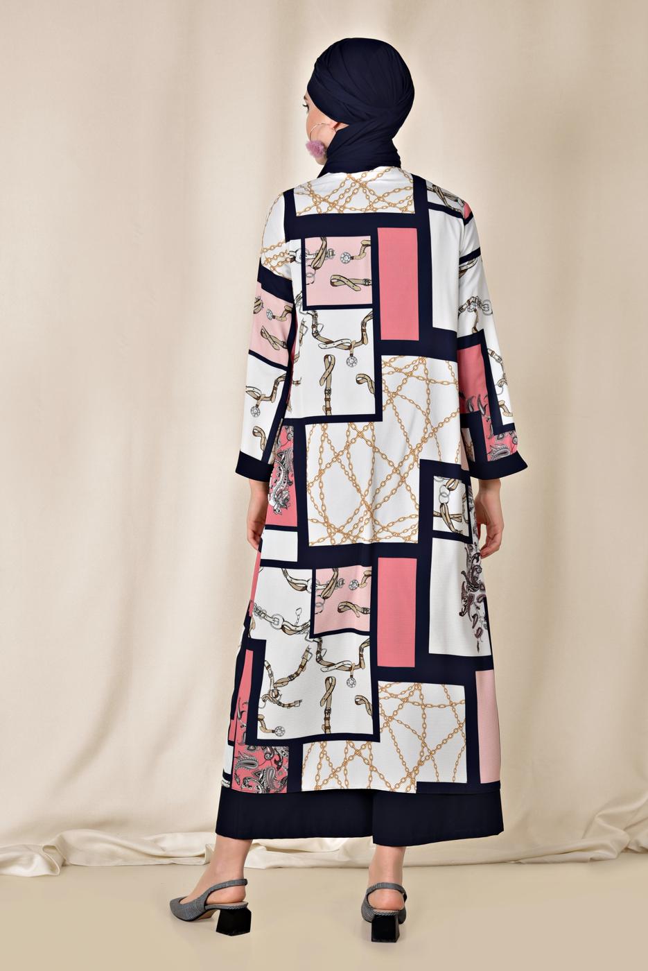 Tesettür giyim PUDRA DESENLİ CEPLİ KİMONO 4921