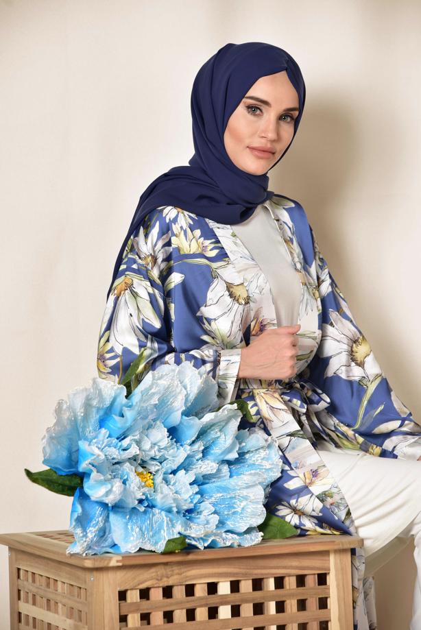 Vêtements hijab BLEU MARINE ALVINA KIMONO IMPRIMÉE FLEURI 4934  - TRENDTESETTÜR