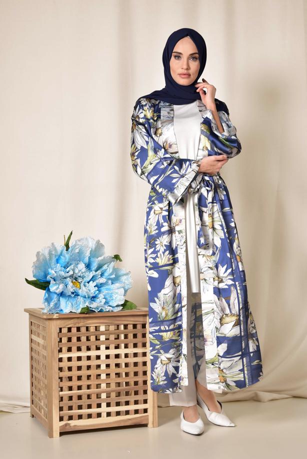 Vêtements hijab BLEU MARINE ALVINA KIMONO IMPRIMÉE FLEURI 4934  - TRENDTESETTÜR