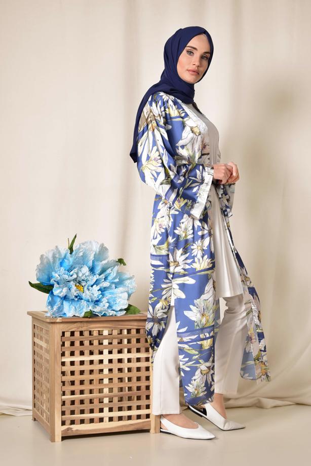 Vêtements hijab BLEU MARINE ALVINA KIMONO IMPRIMÉE FLEURI 4934  - TRENDTESETTÜR