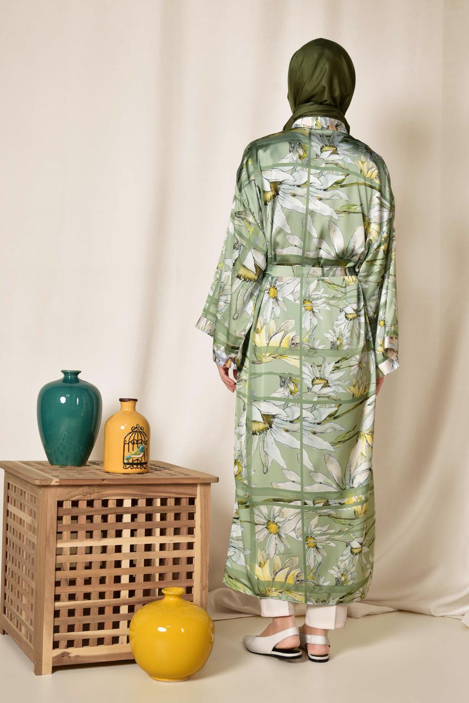 Tesettür giyim YEŞİL ALVİNA ÇİÇEK DESENLİ KİMONO 4934