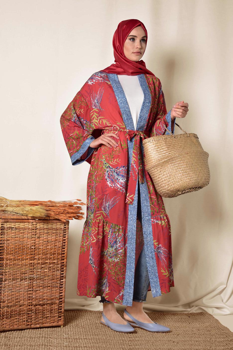 Tesettür giyim KIRMIZI ALVİNA MİX DESENLİ KİMONO 4958