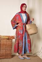 Tesettür giyim KIRMIZI ALVİNA MİX DESENLİ KİMONO 4958