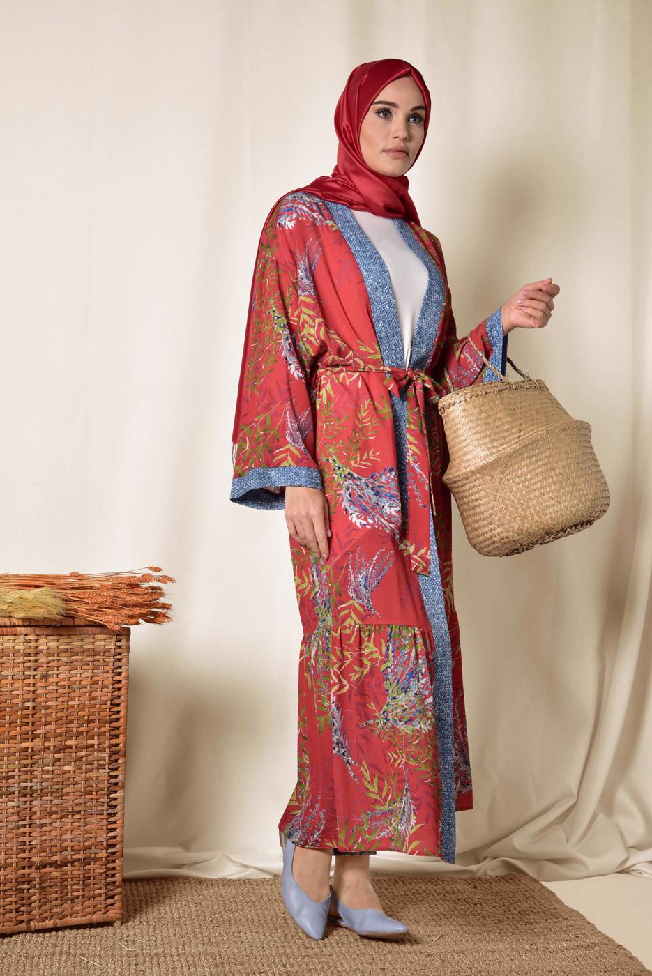 Tesettür giyim KIRMIZI ALVİNA MİX DESENLİ KİMONO 4958