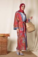Tesettür giyim KIRMIZI ALVİNA MİX DESENLİ KİMONO 4958