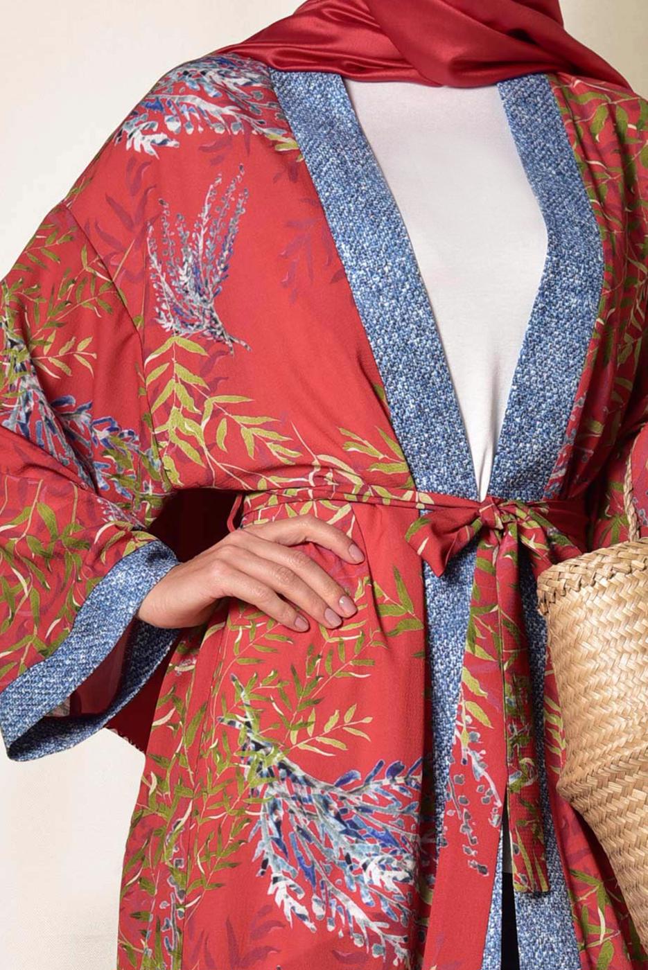 Tesettür giyim KIRMIZI ALVİNA MİX DESENLİ KİMONO 4958