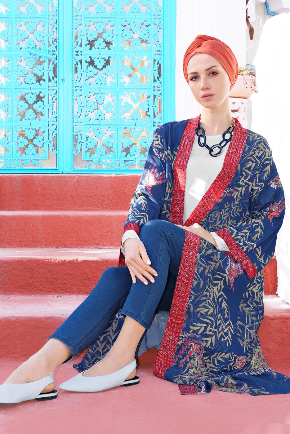 Tesettür giyim LACİVERT ALVİNA MİX DESENLİ KİMONO 4958