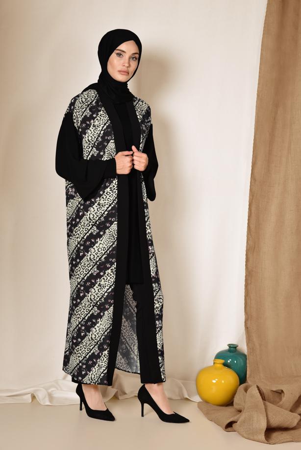 Vêtements hijab NOIR ALVINA KIMONO IMPRIMÉ 4959  - TRENDTESETTÜR