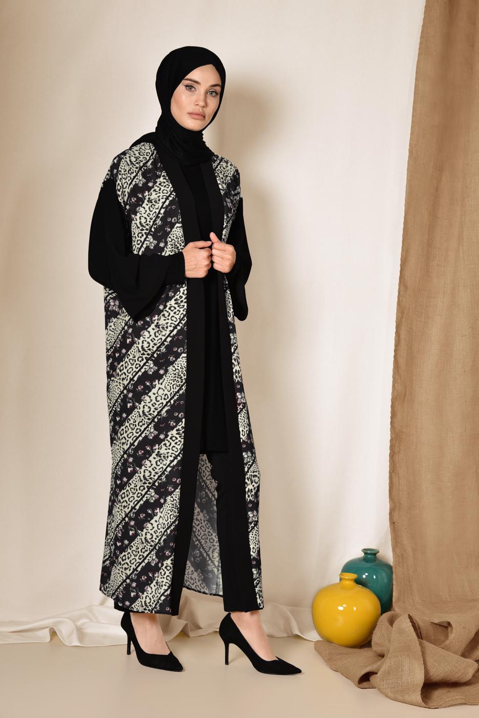 Tesettür giyim SİYAH ALVİNA LEOPAR DESENLİ KİMONO 4959
