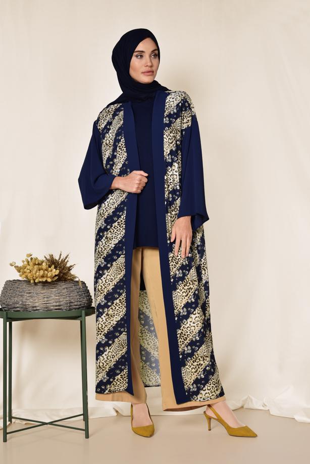 Vêtements hijab BLEU MARINE ALVINA KIMONO IMPRIMÉ 4959  - TRENDTESETTÜR