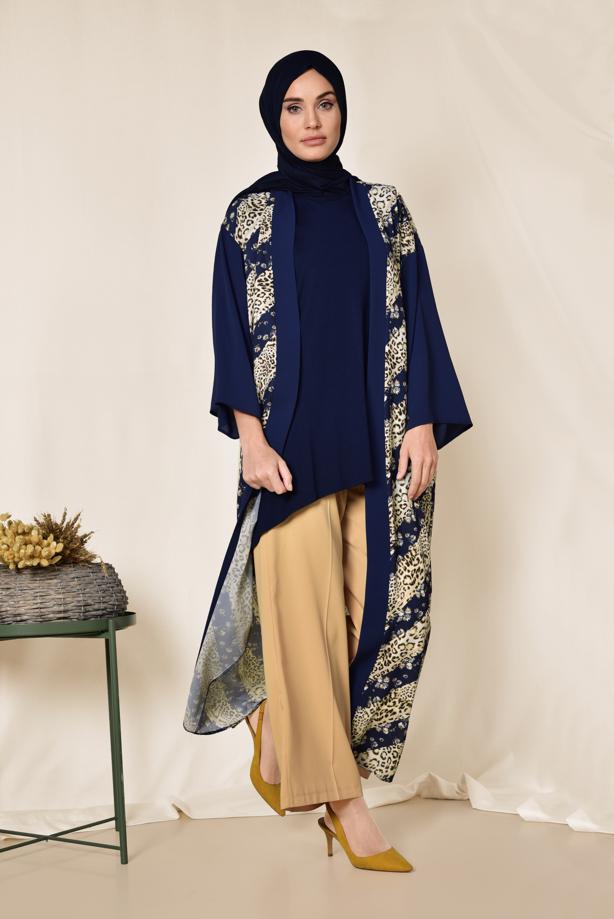 Vêtements hijab BLEU MARINE ALVINA KIMONO IMPRIMÉ 4959  - TRENDTESETTÜR