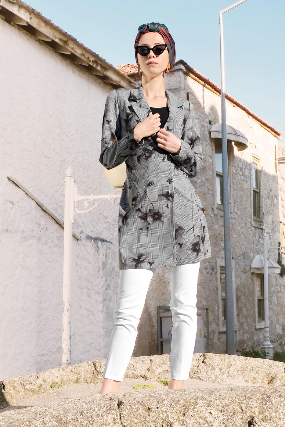 Hijab clothing BLACK ALVINA PRINTED DOUBLE-BREASTED JACKET 4961 