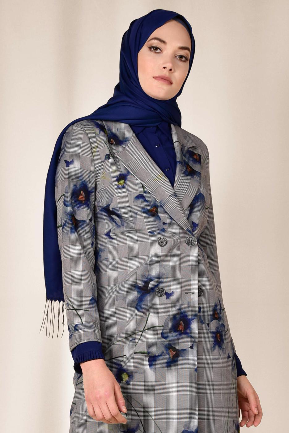 Tesettür giyim SİYAH ALVİNA EKOSE ÇİÇEK DESENLİ KLASİK CEKET 4961