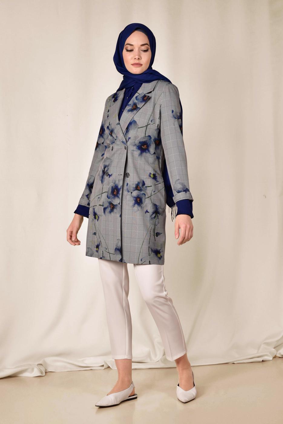 Tesettür giyim SİYAH ALVİNA EKOSE ÇİÇEK DESENLİ KLASİK CEKET 4961