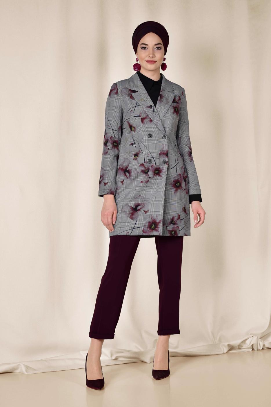 Tesettür giyim SİYAH ALVİNA EKOSE ÇİÇEK DESENLİ KLASİK CEKET 4961