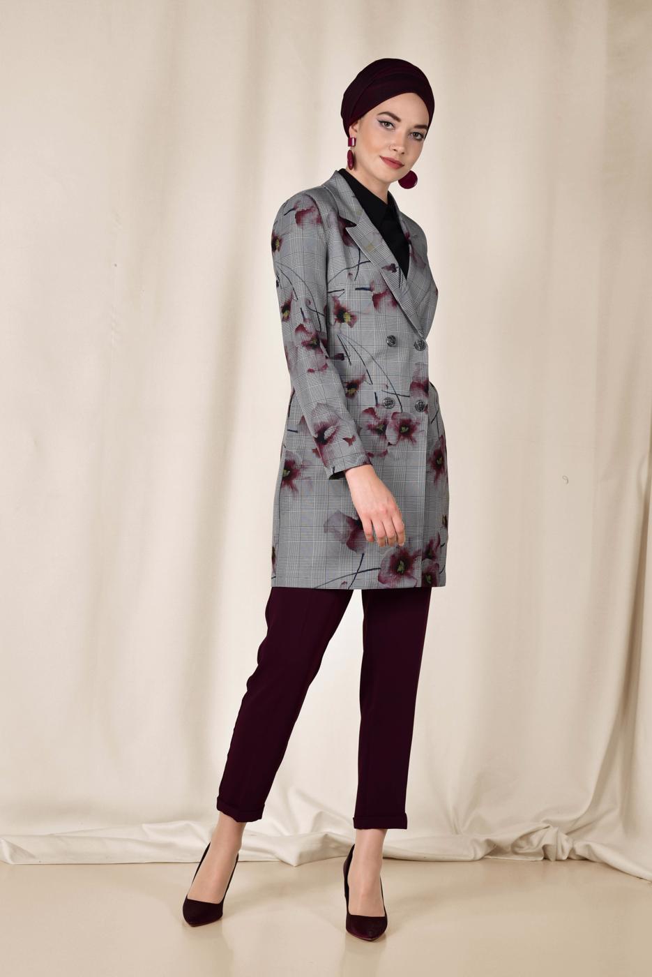 Tesettür giyim SİYAH ALVİNA EKOSE ÇİÇEK DESENLİ KLASİK CEKET 4961