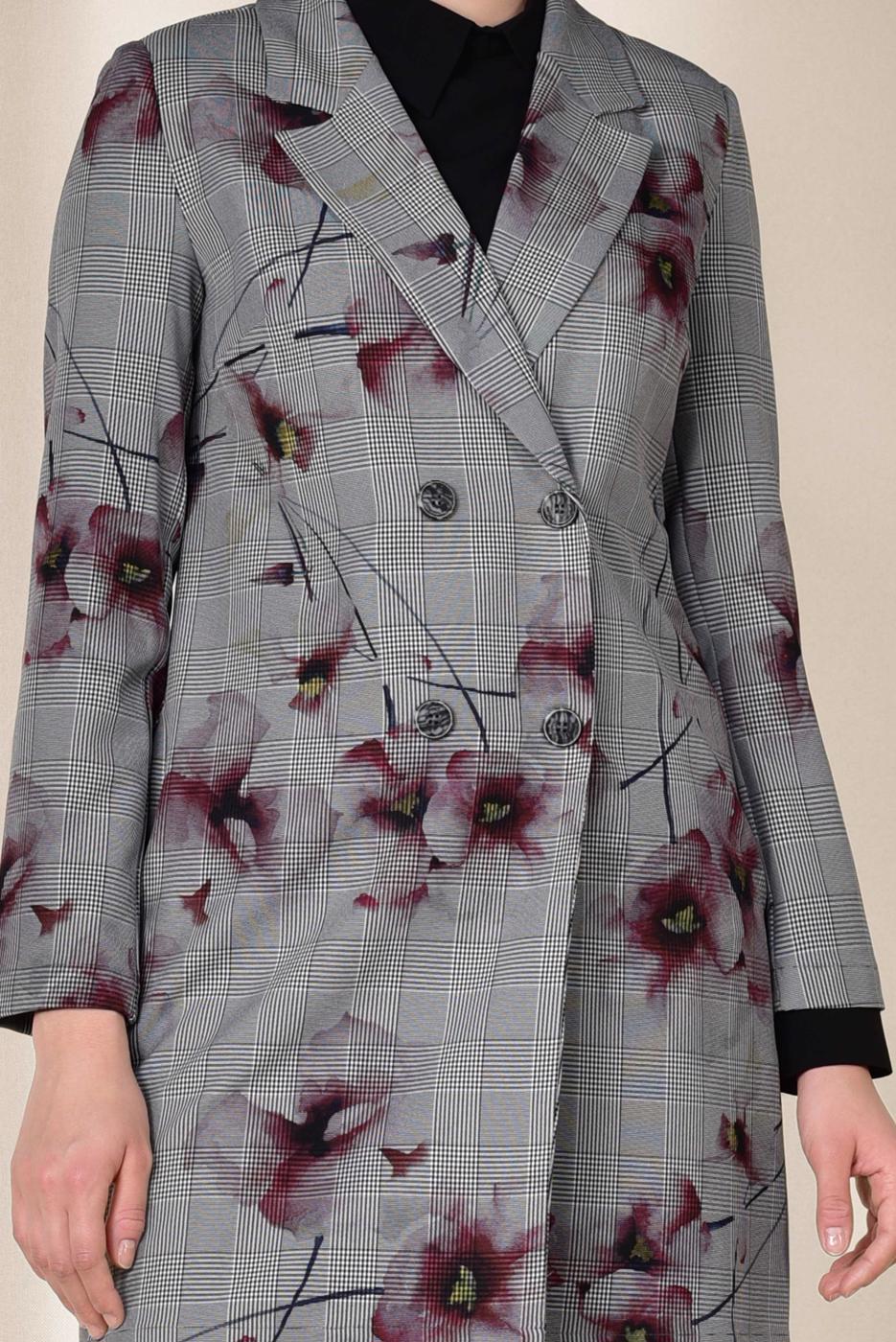 Tesettür giyim SİYAH ALVİNA EKOSE ÇİÇEK DESENLİ KLASİK CEKET 4961