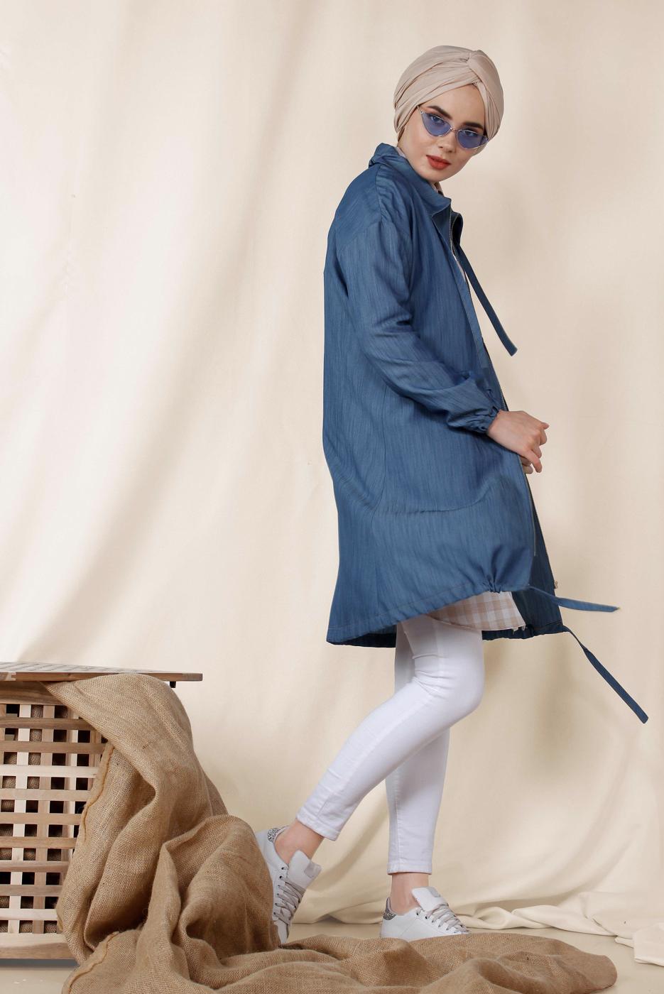 Tesettür giyim LACİVERT ALVİNA ETEK UCU BÜZGÜ BAĞCIKLI TRENÇKOT 4984