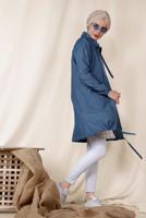 Tesettür giyim LACİVERT ALVİNA ETEK UCU BÜZGÜ BAĞCIKLI TRENÇKOT 4984