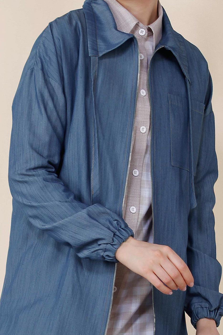 Tesettür giyim LACİVERT ALVİNA ETEK UCU BÜZGÜ BAĞCIKLI TRENÇKOT 4984