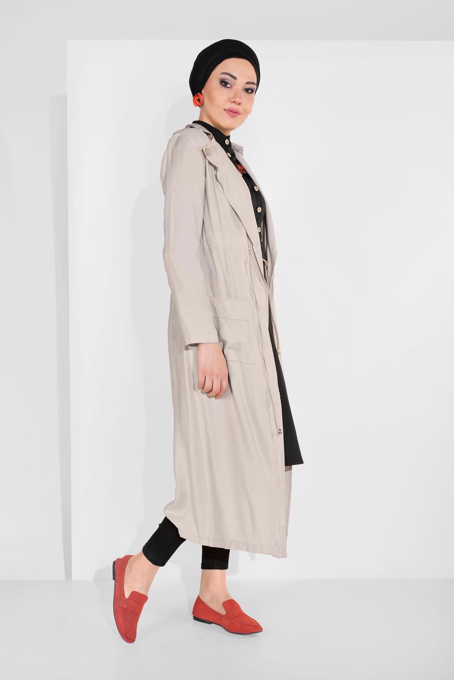 Tesettür giyim BEJ BELDEN BÜZGÜLÜ CEPLİ GİYÇIK 5275