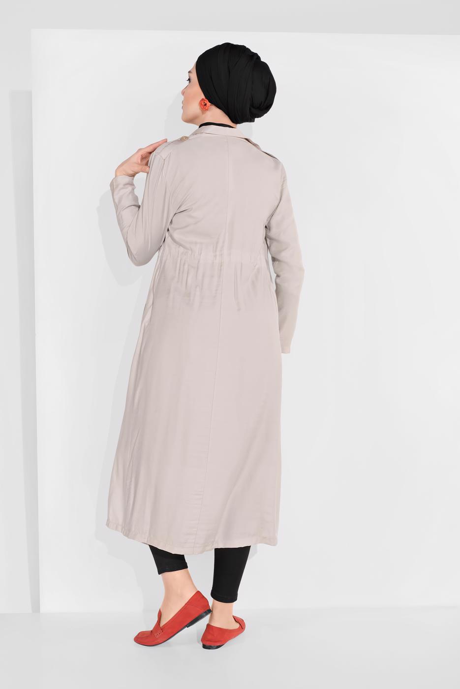 Tesettür giyim BEJ BELDEN BÜZGÜLÜ CEPLİ GİYÇIK 5275
