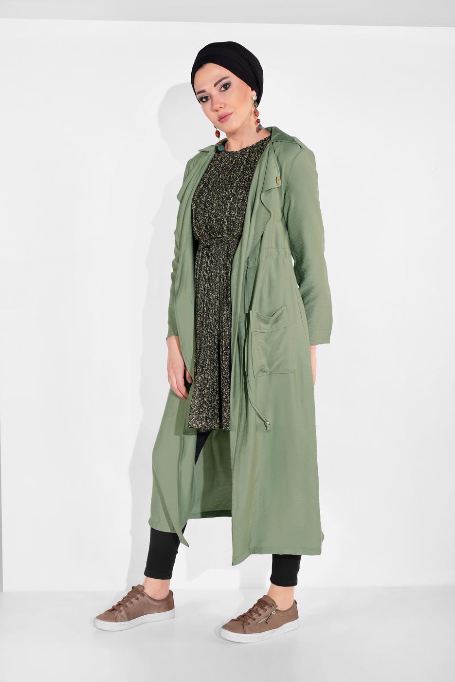 Tesettür giyim YEŞİL BELDEN BÜZGÜLÜ CEPLİ GİYÇIK 5275