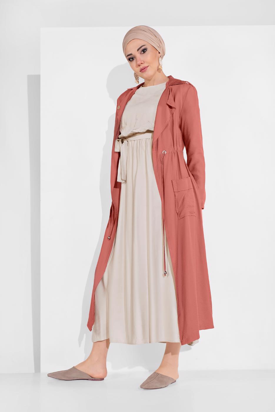 Tesettür giyim PEMBE BELDEN BÜZGÜLÜ CEPLİ GİYÇIK 5275